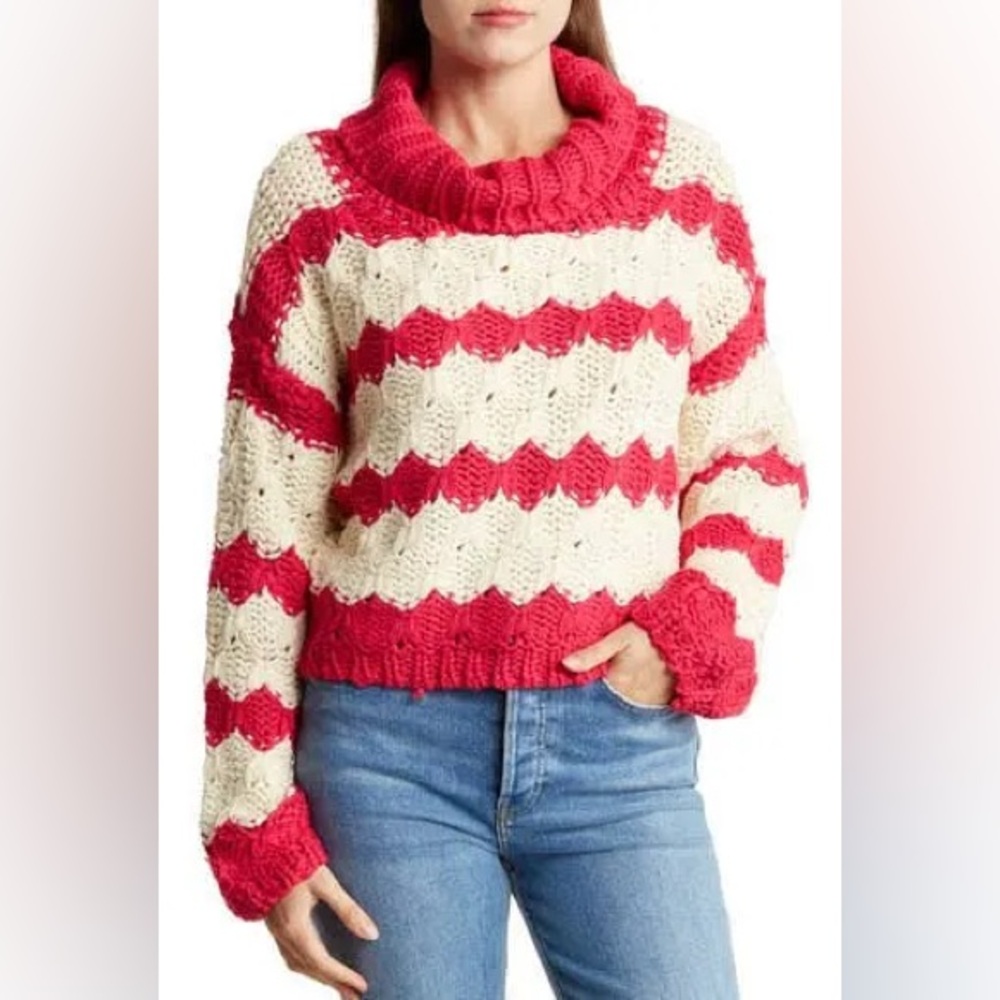 Grey Collective Pink & White Colorblock Thick Knit Turtleneck Sweater XL NWT